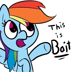 Size: 1100x1100 | Tagged: safe, artist:cosmonaut, derpibooru import, rainbow dash, pegasus, pony, dialogue, juxtaposition bait, meta, no iris, pointing, reaction image, simple background, solo, teeth, this is bait, white background, wings