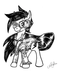 Size: 813x982 | Tagged: artist:chrisholm, asami sato, derpibooru import, future industries, goggles, monochrome, ponified, safe, smirk, solo