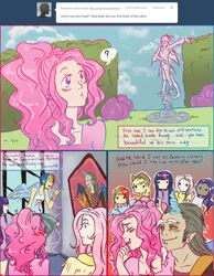 Size: 950x1226 | Tagged: safe, artist:redmisa, derpibooru import, applejack, discord, fluttershy, pinkie pie, rainbow dash, rarity, twilight sparkle, human, ask, discopie, female, humanized, male, mane six, scene interpretation, shipping, statue, straight, tumblr