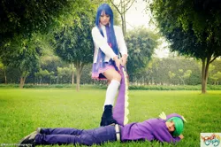 Size: 1600x1060 | Tagged: artist:dashcosplay, artist:kanako-redfield, clothes, cosplay, derpibooru import, grass, hoodie, human, irl, irl human, necktie, panties, photo, prone, safe, skirt, spike, tail pull, twilight sparkle, underwear, upskirt, white underwear