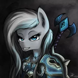 Size: 1000x1000 | Tagged: armor, artist:ho7y5hoxx, bedroom eyes, bust, death knight, derpibooru import, grin, jewelry, lidded eyes, looking at you, necklace, oc, oc:nicy, safe, smiling, solo, sword, unofficial characters only, warcraft, weapon, world of warcraft