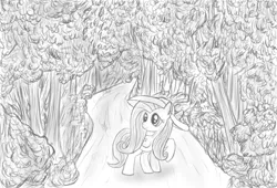 Size: 977x666 | Tagged: artist:breezethepony, derpibooru import, fluttershy, forest, hat, monochrome, safe, solo, tree