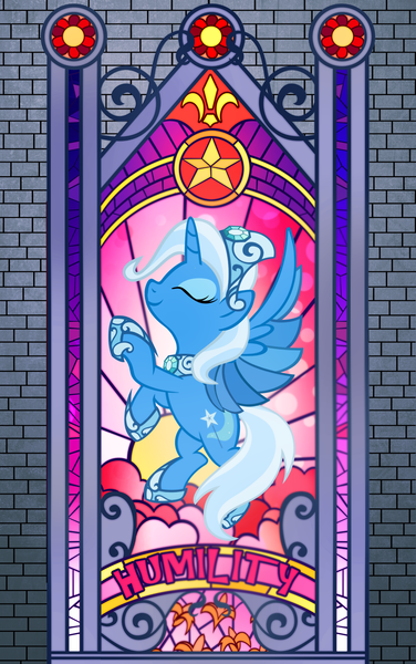 Size: 900x1435 | Tagged: safe, artist:pixelkitties, derpibooru import, idw, trixie, alicorn, pony, reflections, spoiler:comic, spoiler:comic18, alternate universe, eyeshadow, mirror universe, princess of humility, race swap, solo, stained glass, trixiecorn, vector