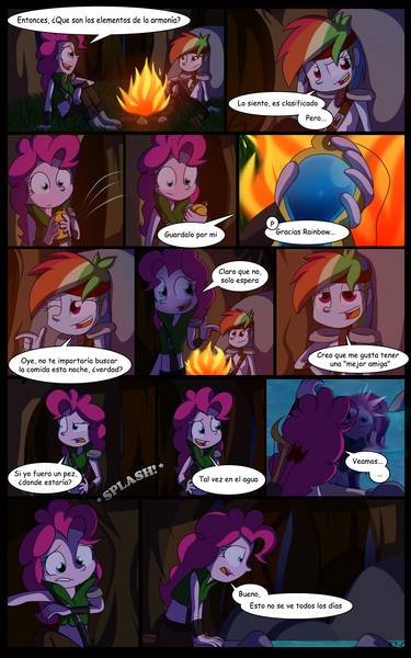 Size: 1024x1638 | Tagged: artist:fj-c, belly button, comic, derpibooru import, dialogue, fantasy equestria, fire, human, humanized, midriff, pinkie pie, pony coloring, rainbow dash, safe, spanish