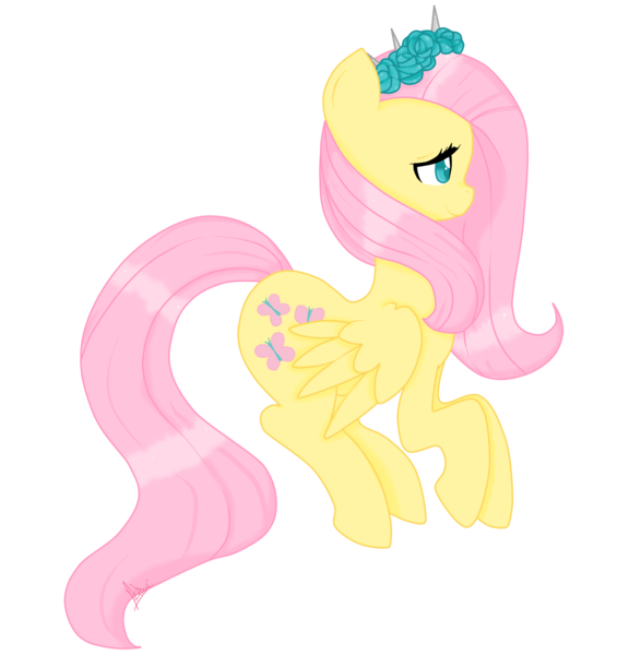 Size: 1600x1667 | Tagged: safe, artist:ashourii, derpibooru import, fluttershy, pegasus, pony, female, floral head wreath, flower, mare, profile, signature, simple background, smiling, solo, transparent background