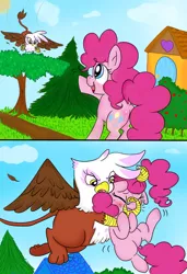 Size: 1024x1500 | Tagged: safe, artist:therainbowtroll, derpibooru import, gilda, pinkie pie, gryphon, comic, food chain, griffons doing griffon things, kidnapped, pinkiebuse, predator, prey