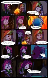 Size: 1024x1638 | Tagged: artist:fj-c, belly button, comic, derpibooru import, dialogue, fantasy equestria, fire, human, humanized, midriff, pinkie pie, pony coloring, rainbow dash, safe