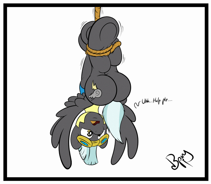 Size: 1500x1306 | Tagged: source needed, questionable, artist:amazin-a, artist:venezolanbrony, banned from derpibooru, deleted from derpibooru, derpibooru import, edit, thunderlane, pony, bondage, clothes, cute, dangling, dialogue, goggles, hogtied, hooves, image, jpeg, male, open mouth, plot, rope, solo, solo male, stallion, suspended, thunderbetes, thunderbutt, underhoof, uniform, upside down, wonderbolt trainee uniform