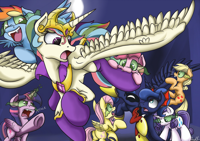 Size: 900x636 | Tagged: dead source, safe, artist:mistydash, derpibooru import, applejack, fluttershy, pinkie pie, princess celestia, princess luna, rainbow dash, rarity, twilight sparkle, twilight sparkle (alicorn), alicorn, pony, vampire, spoiler:comic, armor, biting, cute, dark magic, evil celestia, evil luna, fangs, female, fluffy, flying, glowing eyes, magic, mane six, mare, nom, open mouth, raised hoof, smiling, sombra eyes, spread wings, tongue out, tyrant celestia, wide eyes