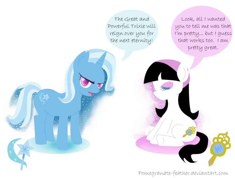 Size: 1983x1503 | Tagged: artist:pomegranate-feather, bradley hand, crossover, derpibooru import, female, font, mare, namesake, ponified, pun, safe, speech bubble, the fairly oddparents, trixie, trixie tang