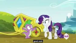 Size: 1280x719 | Tagged: caption, chariot, derpibooru import, edit, edited screencap, hill, hub logo, inspiration manifestation, jewelry, meme, mountain, outdoors, rariot, rarity, screencap, spike, suggestive, tree, youtube caption