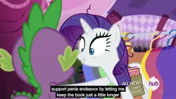 Size: 1280x719 | Tagged: all new, book, caption, carousel boutique, checkers, curtains, derpibooru import, edit, edited screencap, hub logo, inspirarity, inspiration manifestation, meme, rarity, screencap, spike, suggestive, youtube caption