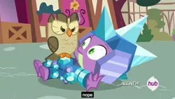Size: 1279x719 | Tagged: armor, crystal armor, frown, glare, hub logo, inspiration manifestation, meme, nope, on back, outdoors, owlowiscious, ponyville, reaction image, safe, screencap, spike, surprisingly appropriate caption, wide eyes, youtube caption