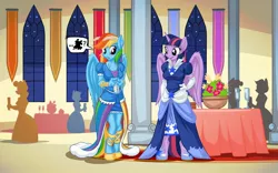 Size: 2560x1600 | Tagged: safe, artist:mysticalpha, derpibooru import, rainbow dash, twilight sparkle, twilight sparkle (alicorn), alicorn, anthro, pegasus, unguligrade anthro, blushing, clothes, dress, embarrassed, female, gala dress, lesbian, pictogram, rainbow dash always dresses in style, shipping, twidash, wallpaper