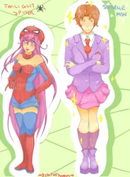 Size: 766x1042 | Tagged: artist:orbitalswan, blushing, clothes swap, crossdressing, crossover, crossover shipping, derpibooru import, human, humanized, peter parker, safe, spider-man, spidertwi, twilight sparkle