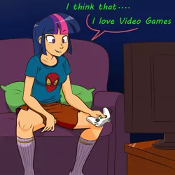 Size: 945x945 | Tagged: artist:megasweet, a twilight landing, clothes, derpibooru import, fanfic art, fanfic cover, gamer girl, human, humanized, kneesocks, madverse, safe, shorts, socks, solo, spider-man, t-shirt, twilight sparkle, video game, xbox 360