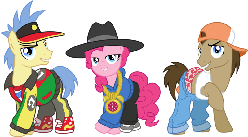 Size: 14491x8000 | Tagged: safe, artist:chainchomp2, derpibooru import, doctor whooves, goldengrape, pinkie pie, red delicious, sir colton vines iii, time turner, earth pony, pony, testing testing 1-2-3, .svg available, absurd resolution, apple family member, boxers, cap, clothes, female, hat, jacket, jeans, looking at you, male, mare, necklace, rap, rapper, rapper pie, sagging, shoes, simple background, sneakers, stallion, tanktop, transparent background, underwear, vector, visor