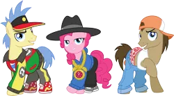 Size: 14491x8000 | Tagged: safe, artist:chainchomp2, derpibooru import, doctor whooves, goldengrape, pinkie pie, red delicious, sir colton vines iii, time turner, earth pony, pony, testing testing 1-2-3, .svg available, absurd resolution, apple family member, boxers, cap, clothes, female, hat, jacket, jeans, looking at you, male, mare, necklace, rap, rapper, rapper pie, sagging, shoes, simple background, sneakers, stallion, tanktop, transparent background, underwear, vector, visor