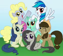 Size: 1600x1410 | Tagged: safe, artist:xulious, derpibooru import, applejack, bon bon, derpy hooves, doctor whooves, fluttershy, lyra heartstrings, octavia melody, pinkie pie, rainbow dash, rarity, sweetie drops, time turner, twilight sparkle, vinyl scratch, pegasus, pony, alternate mane six, background six, female, mane 6 recolors, mane six, mane six opening poses, mare, recolor, the doctoress