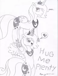 Size: 2552x3308 | Tagged: safe, artist:mc-ryan, derpibooru import, princess luna, alicorn, pony, bipedal, heart, hug, monochrome, s1 luna, solo