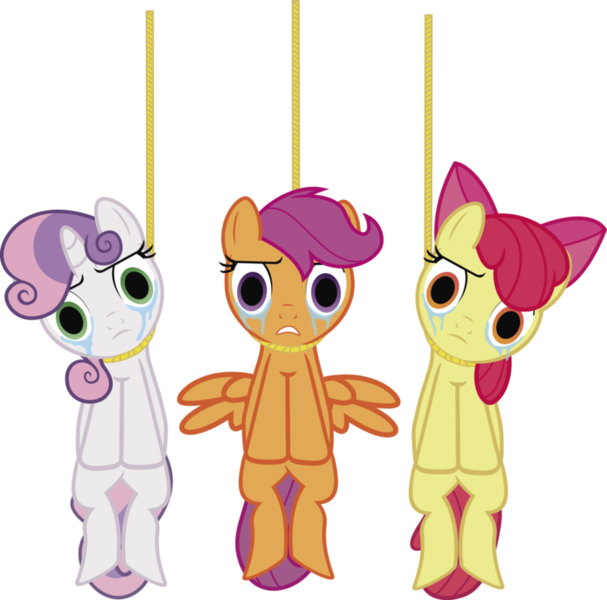 Size: 899x888 | Tagged: grimdark, artist:j5a4, derpibooru import, apple bloom, scootaloo, sweetie belle, pony, unicorn, abuse, applebuse, asphyxiation, bad, corpse, crying, cutie mark crusaders, dark background, dead, empty eyes, female, filly, hanging, hanging (by neck), looking at you, mare, rope, scootabuse, simple background, suspended, sweetiebuse, transparent background, wings