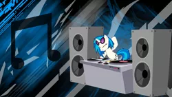 Size: 2560x1440 | Tagged: safe, artist:huskyfan, artist:m99moron, derpibooru import, edit, vinyl scratch, pony, unicorn, abstract background, cutie mark, eyes closed, female, glasses, mare, music notes, solo, sunglasses, turntable, vector, wallpaper, wallpaper edit