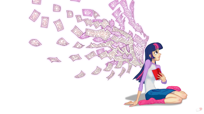 Size: 1920x1080 | Tagged: artist:bipole, book, clothes, derpibooru import, human, humanized, implied wings, magic, nail polish, pages, safe, shirt, skirt, socks, solo, twilight sparkle, twilight sparkle (alicorn)