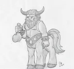 Size: 2308x2151 | Tagged: artist:sensko, black and white, centaur, derpibooru import, g1, grayscale, lord tirek, male, monochrome, pencil drawing, safe, solo, spiked wristband, tirac, tirac's bag, traditional art, wristband