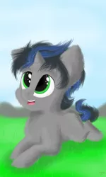 Size: 768x1280 | Tagged: artist:vela112dkl, chest fluff, colt, colt sombra, cute, derpibooru import, fluffy, foal, good king sombra, grass, king sombra, looking up, male, open mouth, prone, safe, smiling, solo, sombradorable
