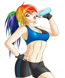 Size: 1000x1200 | Tagged: abs, artist:zantyarz, belly button, breasts, busty rainbow dash, cleavage, clothes, compression shorts, derpibooru import, female, fingerless gloves, gloves, human, humanized, midriff, muscles, rainbow dash, rainbuff dash, shorts, solo, solo female, sports bra, sports shorts, suggestive, sweat, water bottle