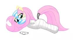 Size: 5232x2847 | Tagged: artist:brayburnman, bondage, bound, clothes, derpibooru import, female, fluttershy, gag, humiliation, mummification, mummified, panties, panties on head, solo, solo female, striped underwear, suggestive, tail wrap, underwear