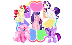 Size: 1440x900 | Tagged: safe, artist:prettywitchdoremi, derpibooru import, firefly, pinkie pie, sweetie belle, twilight sparkle, twilight sparkle (alicorn), alicorn, pony, female, g1, g2, g3, g3.5, g4, mare, secret tale