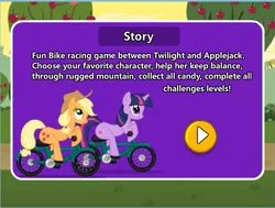 Size: 641x485 | Tagged: applejack, bicycle, biker, bootleg, derpibooru import, flash game, game, incorrect leg anatomy, joy4girl, little pony bike racing, race, rip-off, ripoff, safe, screencap, seems legit, story, sweet apple acres, twilight sparkle, wat