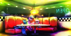 Size: 1951x990 | Tagged: safe, artist:sharpieboss, derpibooru import, rainbow dash, spike, twilight sparkle, cup, diner, drinking, eyes closed, female, interior, lesbian, night, on back, quill, reclining, shake, shipping, sitting, snuggling, table, twidash