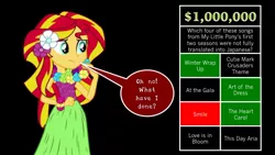 Size: 720x405 | Tagged: safe, derpibooru import, sunset shimmer, equestria girls, winter wrap up, art of the dress, at the gala, clothes, cutie mark crusaders song, game show, grass skirt, greed, heart carol, hula, hulashimmer, japanese dub, lei, love is in bloom, my little pony, skirt, smile song, solo, song, this day aria, tomodachi wa mahou, trivia