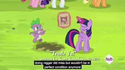 Size: 1280x719 | Tagged: safe, derpibooru import, screencap, applejack, pinkie pie, rarity, spike, twilight sparkle, twilight sparkle (alicorn), alicorn, pony, trade ya, comic book, female, grass, hub logo, mare, meme, mud, offensive, outdoors, racial slur, rock, vulgar, youtube caption