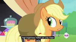 Size: 1280x719 | Tagged: applejack, cake, cupcake, derpibooru import, hub logo, logic, logical deduction, meme, outdoors, safe, screencap, solo, trade ya, youtube caption