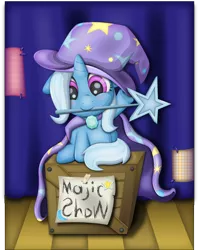 Size: 5132x6459 | Tagged: safe, artist:thebubbleqat, derpibooru import, trixie, pony, unicorn, absurd resolution, blushing, cape, clothes, cute, diatrixes, female, filly, hat, mare, mouth hold, oversized clothes, smiling, solo, stage, trixie's cape, trixie's hat, wand, weapons-grade cute