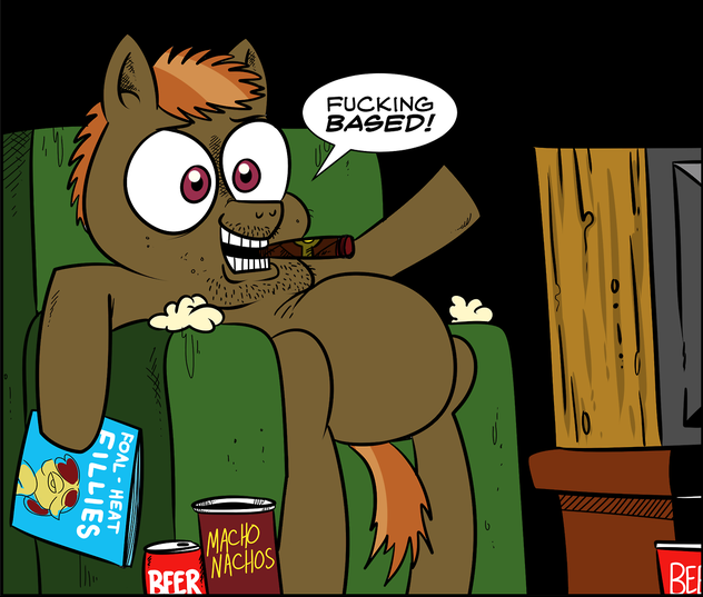 Size: 632x537 | Tagged: artist:catfood-mcfly, based god, beer, beer belly, belly, button mash, button smash, chair, cigar, comic, cropped, derpibooru import, edit, fat, nachos, reaction image, safe, slob, soda, solo, speech bubble, stubble, television, vulgar