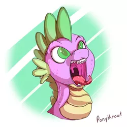 Size: 600x600 | Tagged: safe, artist:ponythroat, derpibooru import, spike, dragon, bust, colored pupils, fangs, forked tongue, happy, maw, mawshot, open mouth, portrait, sharp teeth, silly face, solo, throat bulge, tongue out, uvula