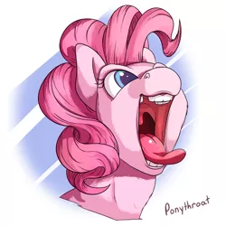 Size: 600x600 | Tagged: safe, artist:ponythroat, derpibooru import, pinkie pie, earth pony, pony, abstract background, burp, bust, cheek fluff, colored pupils, female, fluffy, happy, horses doing horse things, mare, maw, mawshot, neck fluff, open mouth, portrait, silly face, smiling, solo, throat bulge, tongue out, uvula