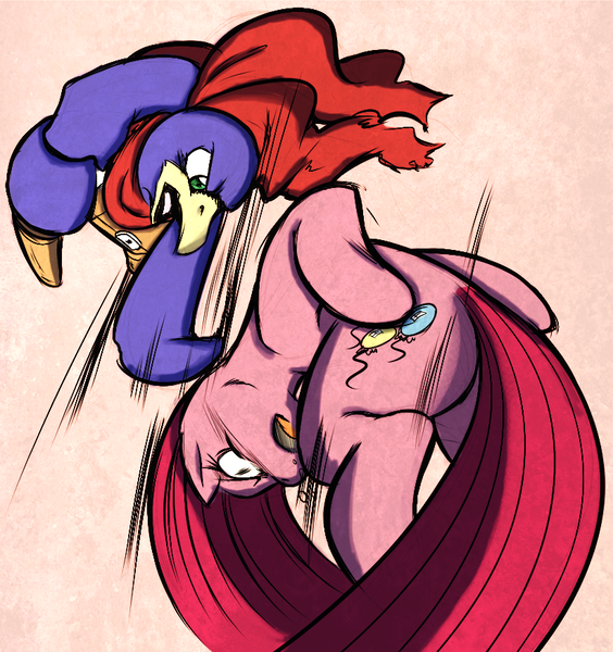 Size: 822x874 | Tagged: artist:0r0ch1, artist:thepolymath, derpibooru import, disgaea, fight, hero prinny, open mouth, pinkamena diane pie, pinkie pie, prinny, safe, wide eyes