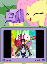 Size: 675x925 | Tagged: safe, derpibooru import, fluttershy, attack on titan, blushing, cute, exploitable meme, levi ackerman, meme, obligatory pony, tv meme, vulgar