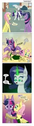 Size: 600x2189 | Tagged: suggestive, artist:deusexequus, derpibooru import, fluttershy, rarity, twilight sparkle, twilight sparkle (alicorn), alicorn, pony, inspiration manifestation, alternate hairstyle, clothes, comic, corset, female, fishnets, impossibly large ears, inspirarity, lesbian, mare, now kiss, possessed, shipper on deck, shipping, twishy