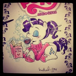 Size: 640x640 | Tagged: artist:katiecandraw, book, bunny slippers, clothes, derpibooru import, rarity, safe, slippers, solo, sweater, traditional art, wine