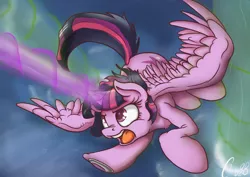 Size: 900x636 | Tagged: safe, artist:mistydash, derpibooru import, twilight sparkle, twilight sparkle (alicorn), alicorn, pony, action pose, chest fluff, female, fight, flying, glowing horn, horn, magic, magic blast, mare, open mouth, solo, spread wings, underhoof, wings