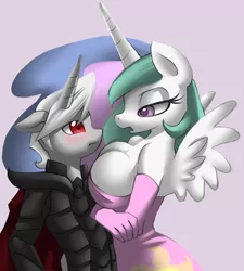 Size: 750x834 | Tagged: suggestive, artist:verard87, artist:zev, derpibooru import, princess celestia, oc, oc:soul taker, anthro, armor, bedroom eyes, big breasts, blushing, breasts, busty princess celestia, canon x oc, cleavage, clothes, evening gloves, eye contact, female, floppy ears, frown