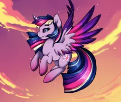 Size: 2500x2100 | Tagged: safe, artist:lustrous-dreams, derpibooru import, twilight sparkle, twilight sparkle (alicorn), alicorn, pony, female, grin, mare, rainbow power, sky, smiling, solo, sparkles, spread wings