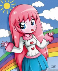 Size: 1280x1551 | Tagged: safe, artist:the-butch-x, derpibooru import, oc, oc:fluffle puff, unofficial characters only, equestria girls, blue skirt, blue sky, blushing, breasts, busty fluffle puff, clothes, cloud, cute, equestria girls-ified, female, looking at you, rainbow, skirt, sky, solo, sun, sweater, tongue out, white sweater