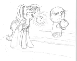 Size: 1280x1031 | Tagged: allie way, artist:theskitzogamer, bowling ball, derpibooru import, magic, mii, monochrome, safe, sketch